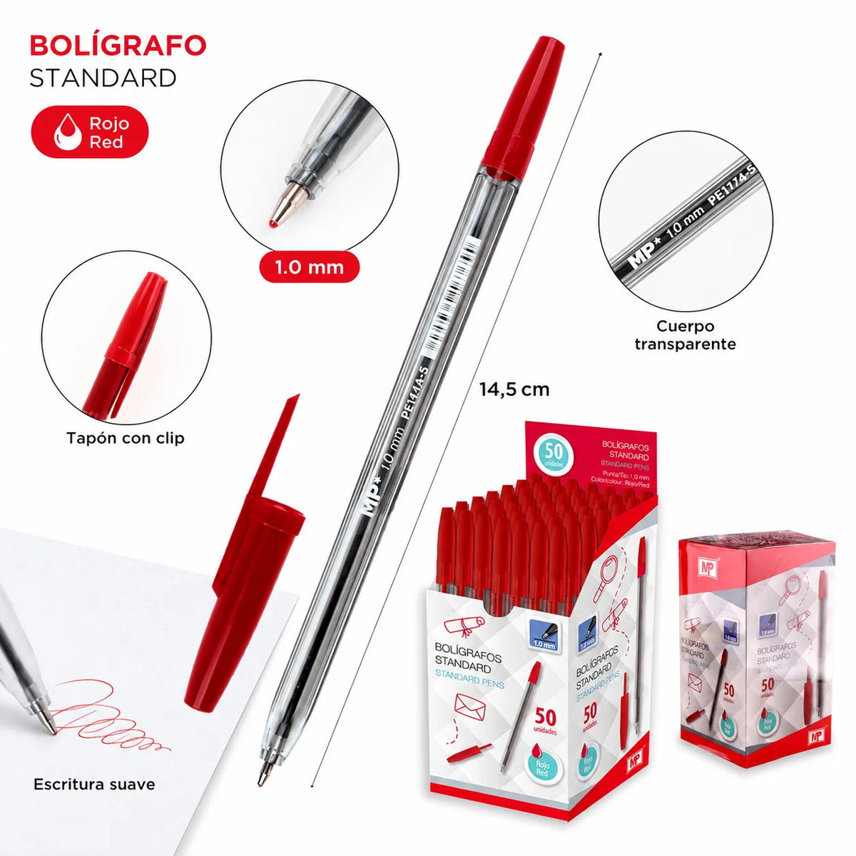 Confezione da 50 penne a sfera classiche, punta media, 1,0 mm. | Penne a scrittura fluida per scuola, ufficio e studio | Corpo trasparente, 14,5 cm (blu / nero / rosso).