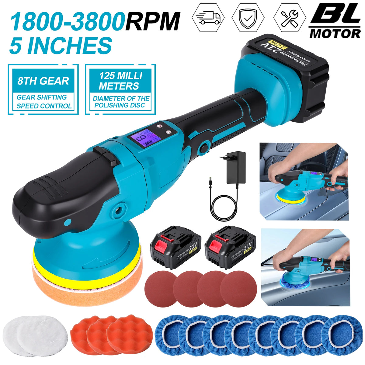 Lucidatrice per auto senza fili con display digitale a 6 velocità, lucidatrice elettrica per auto, macchina per lucidatura e ceratura, compatibile con batteria Makita 18V.