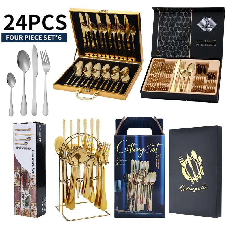 Set di posate in acciaio inossidabile color argento, composto da 24 pezzi: coltelli, forchette, cucchiai e cucchiaini, ideale per la tavola di casa e come regalo – set per 6 persone.