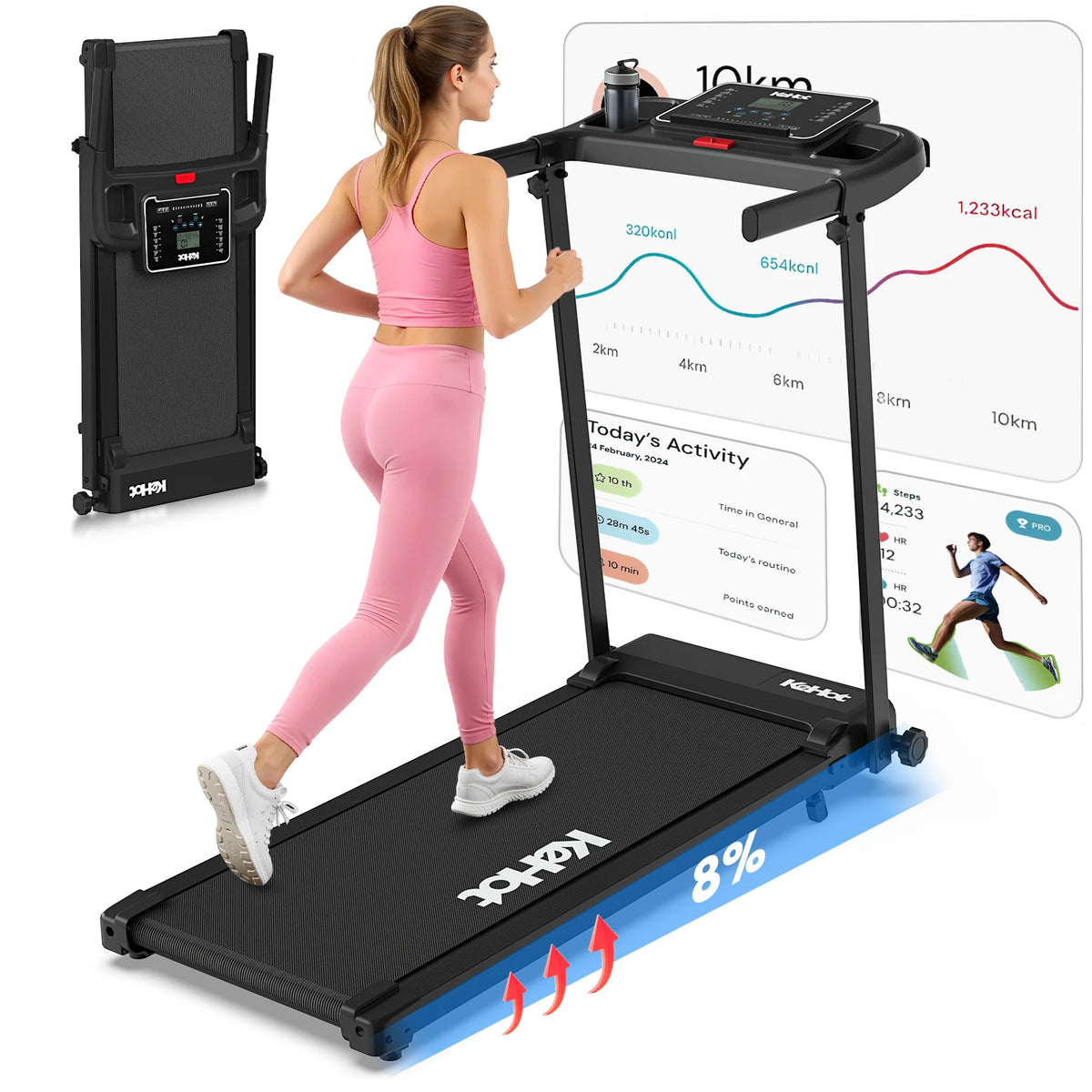 Tapis Roulant Kehot per Casa 1-12Km/H 8% Inclinazione App Bluetooth 12 Programmi di Allenamento Tapis Roulant Pieghevole per Palestra Domestica