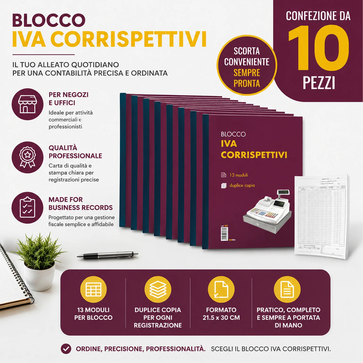 Confezione da 10 registri IVA Blu927 22x30 cm, 13 fogli x 2 copie, moduli registro per contabilità, ufficio, amministrazione e attività commerciali