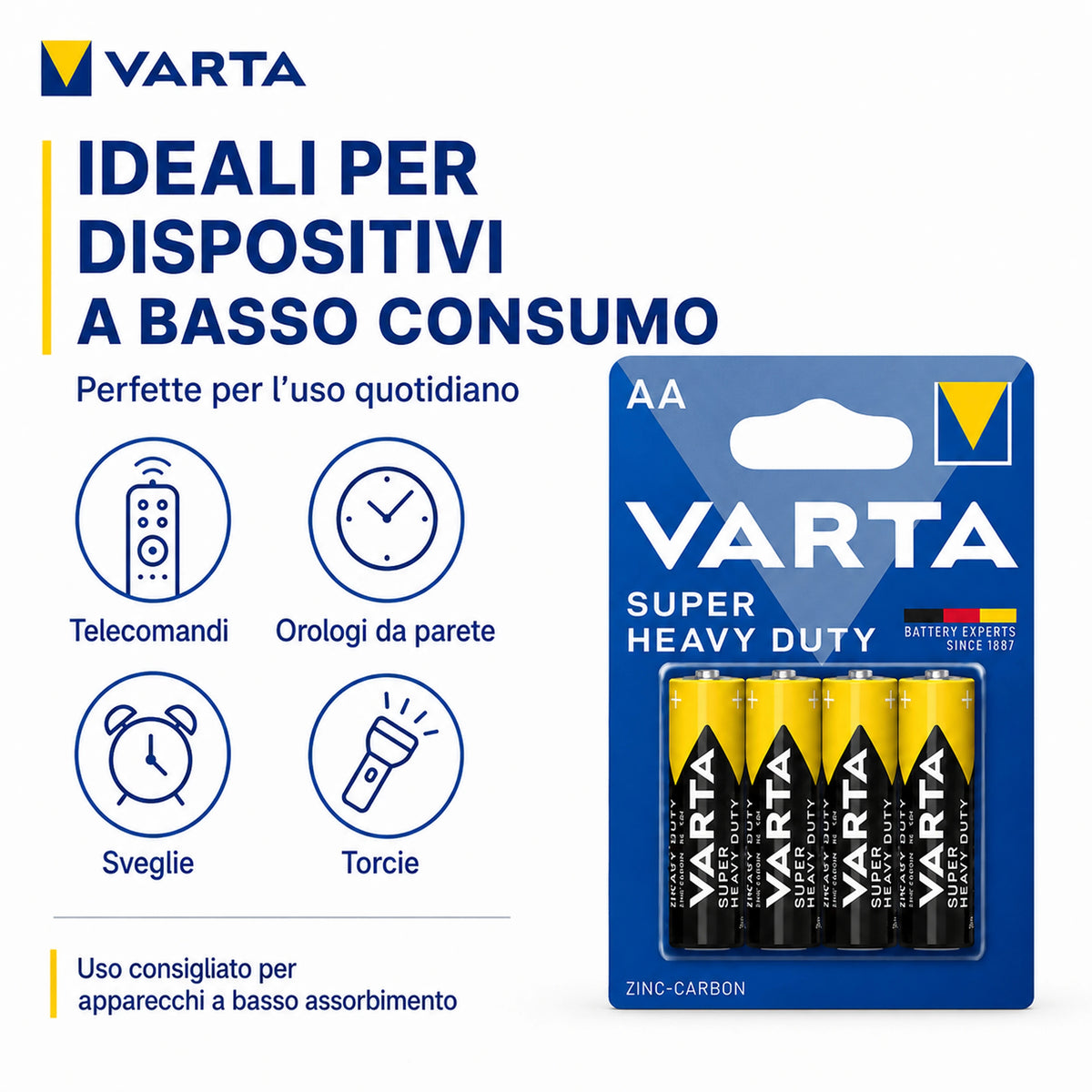 Pacco scorta Batterie AA VARTA Super Heavy Duty Zinco-Carbon 1,5V R6 per Telecomandi Orologi Sveglie