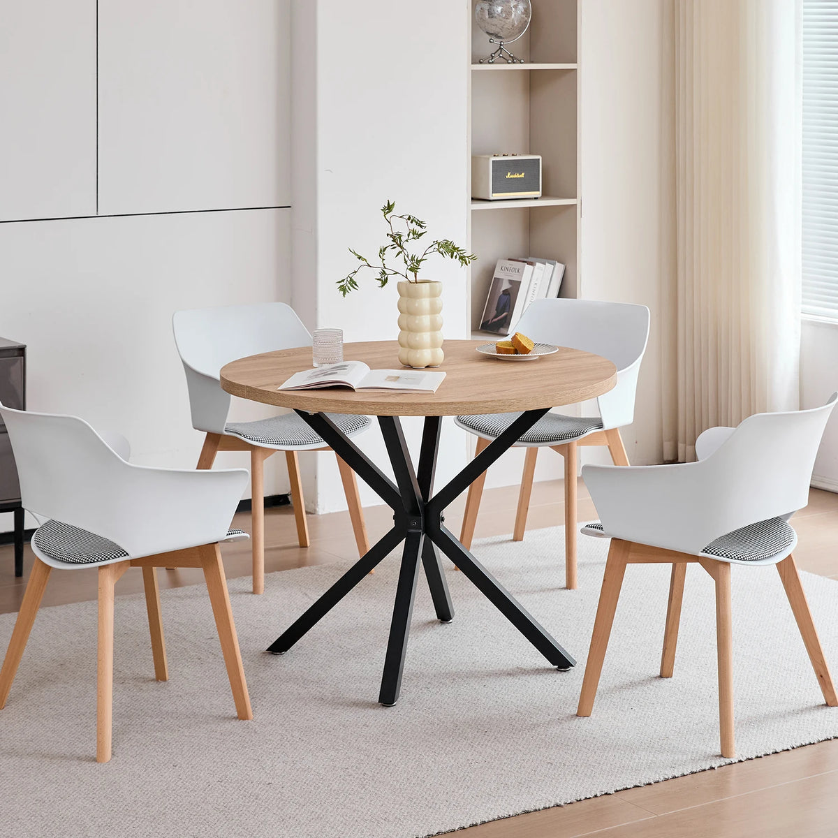 Sedie da pranzo moderne da 2 pezzi con braccioli - Guscio in PP + Gambe in legno + Cuscino in tessuto pied de poule per cucina, soggiorno, caffè