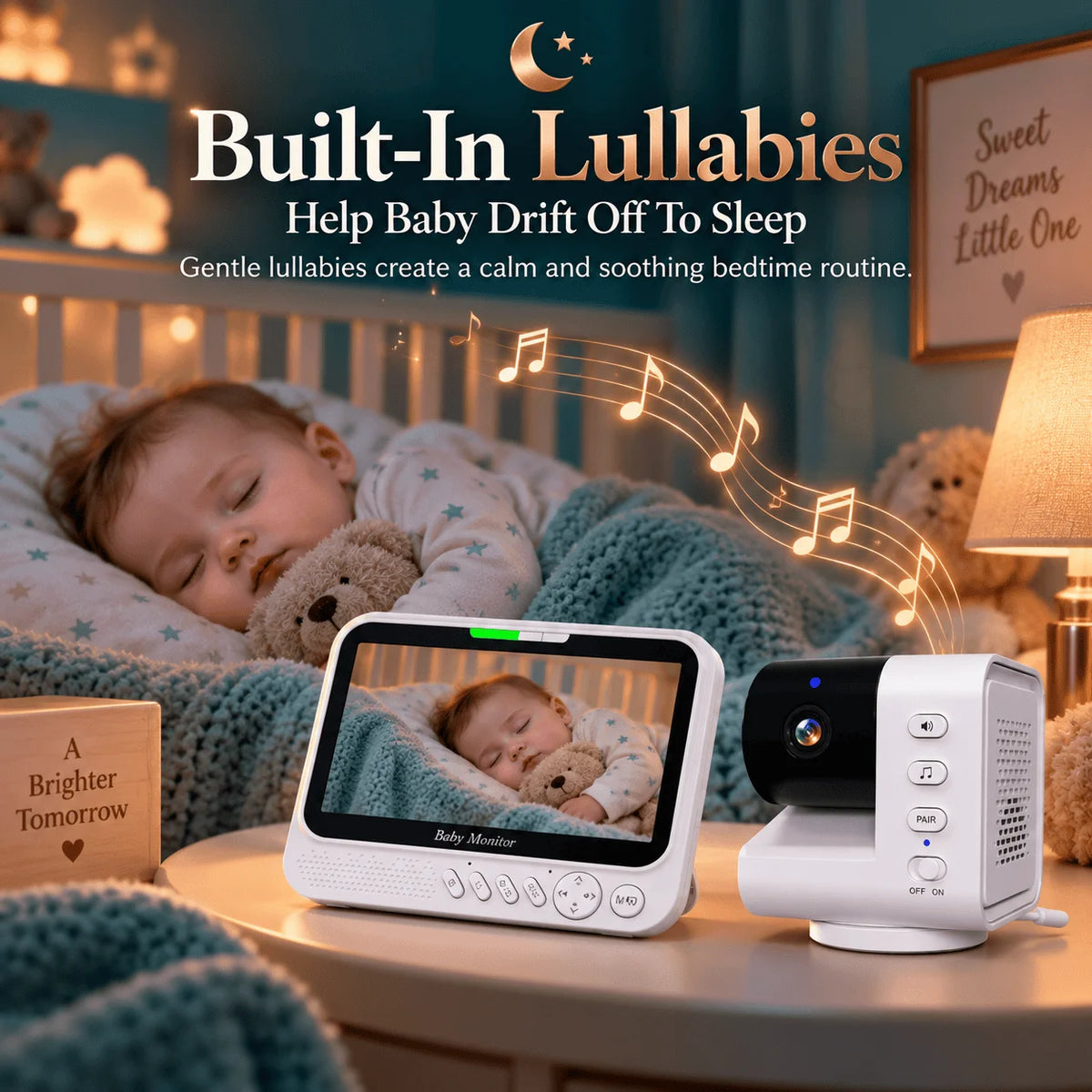 Monitor per bambini intelligente da 7 pollici con telecamera PTZ avanzata, zoom, sensore di temperatura, funzione di ninna nanna rilassante, visione notturna e audio bidirezionale. Offre una sorveglianza affidabile per la sic