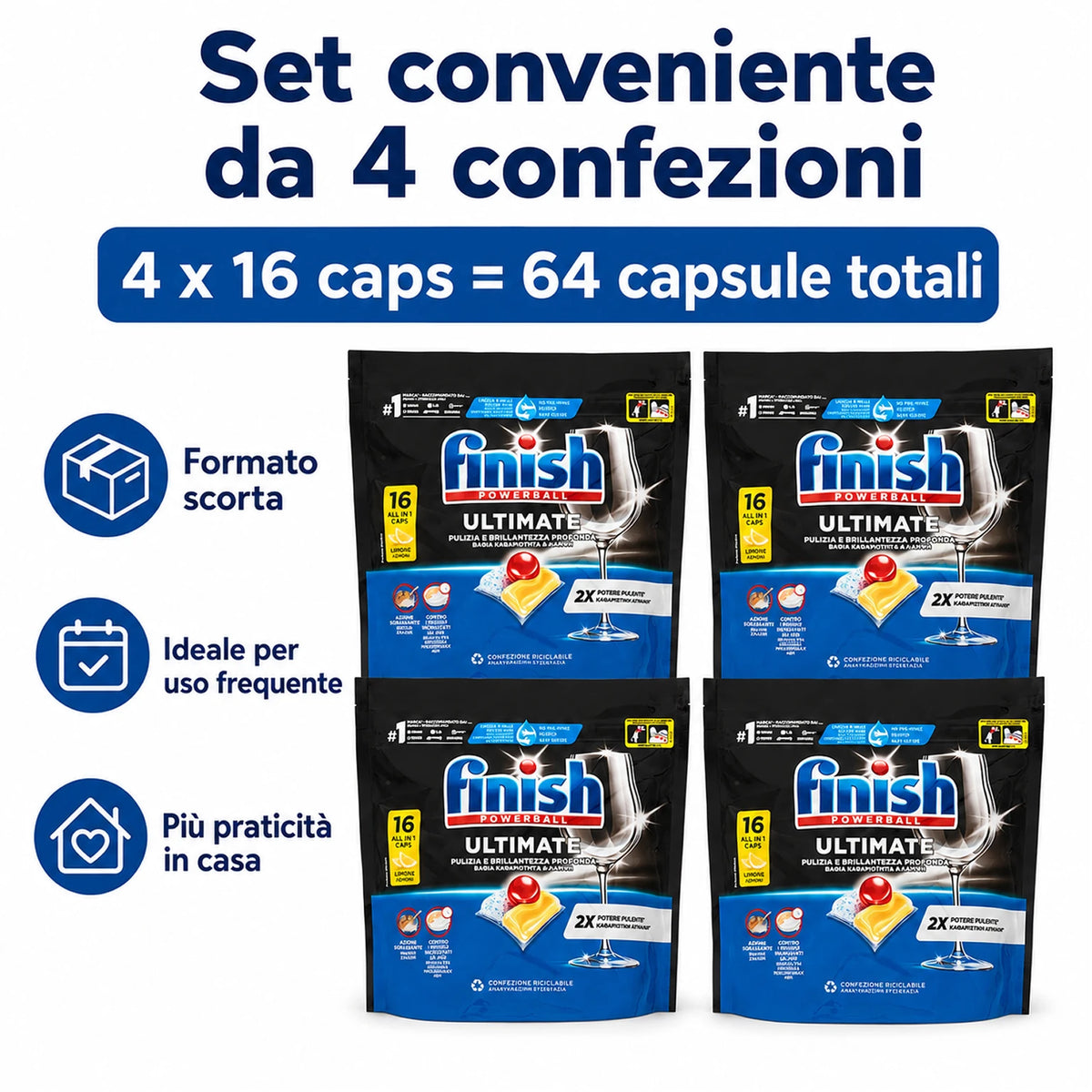 Finish Ultimate Limone 16 Tabs per Confezione, Pastiglie per Lavastoviglie, Varianti da 3 o 4 Confezioni, 48 o 64 Tabs Totali