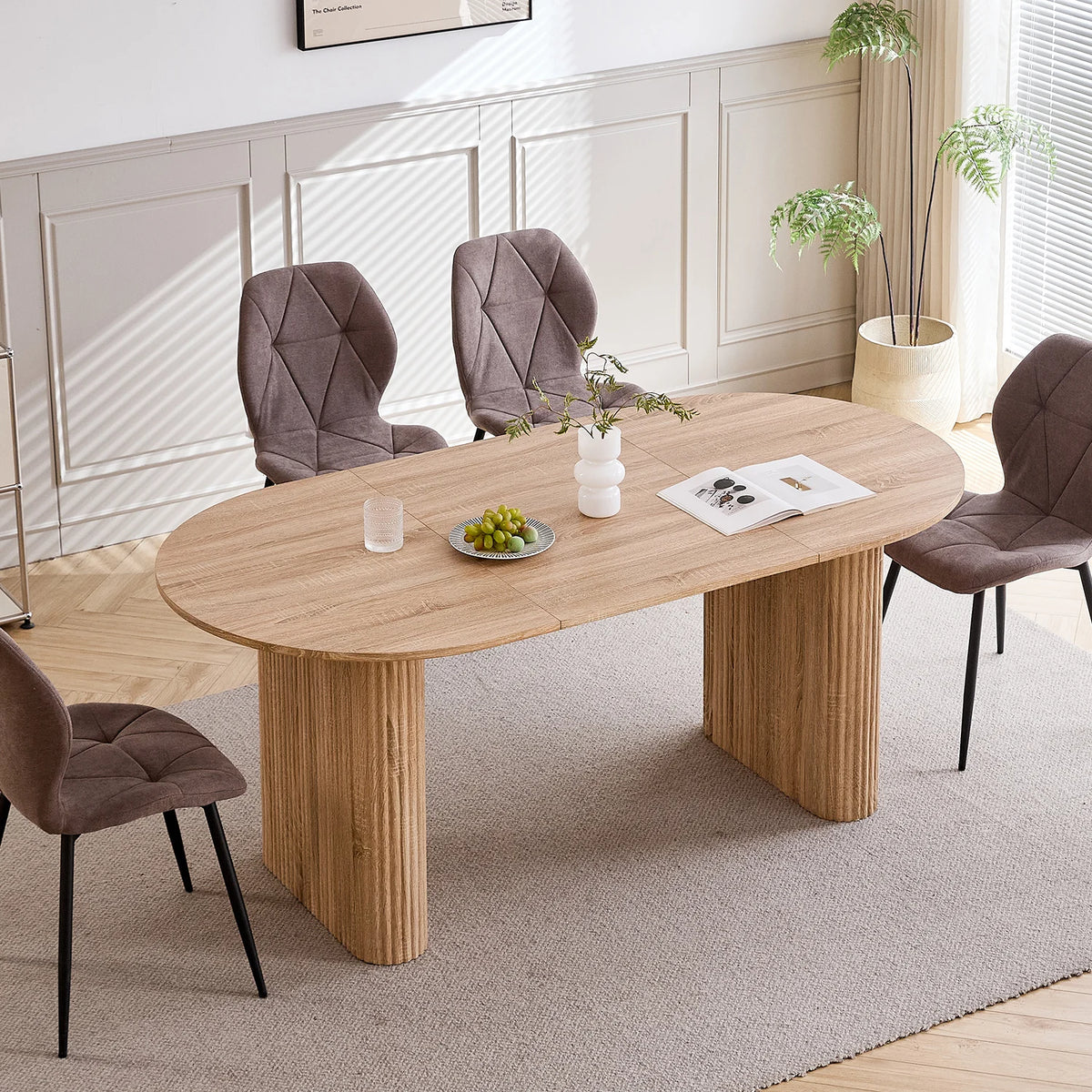 EGOONM Tavolo da Pranzo Moderno Ovale con Base Scanalata, Tavolo da Cucina per 6-8 Persone, Tavolo in Legno per Sala da Pranzo
