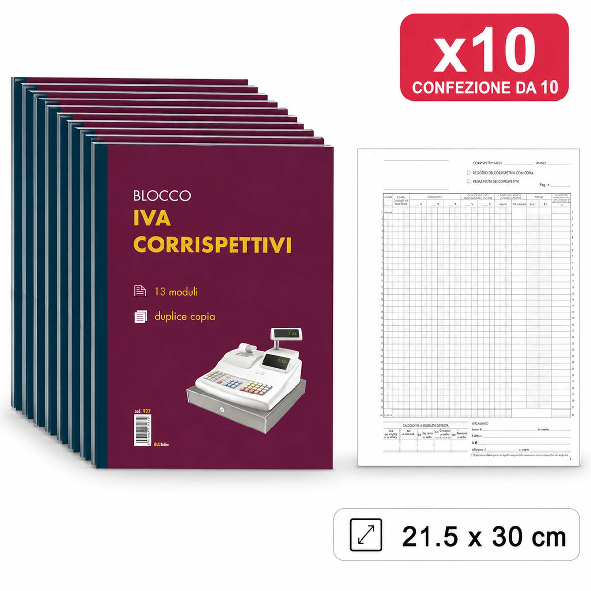 Confezione da 10 registri IVA Blu927 22x30 cm, 13 fogli x 2 copie, moduli registro per contabilità, ufficio, amministrazione e attività commerciali