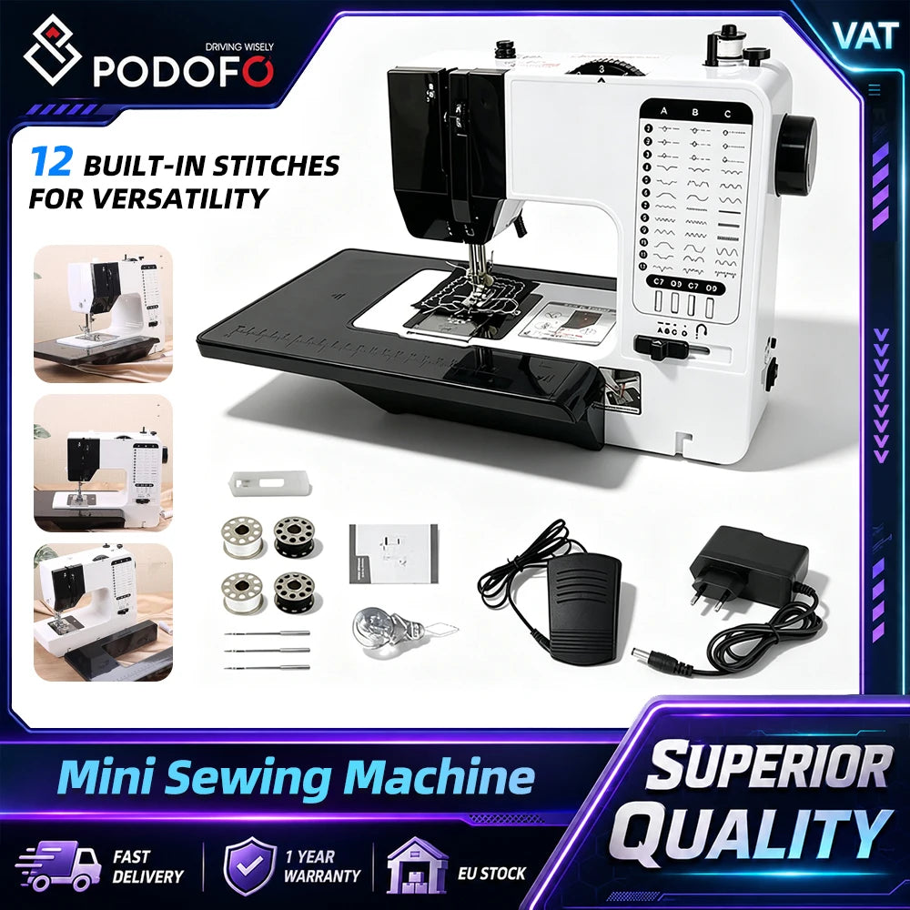 Podofo, macchina da cucire elettrica multifunzione con 12 punti, macchina da cucire portatile con velocità regolabile, ideale per principianti e bambini, per lavori di bricolage e progetti creativi, dotata di pedale e spina