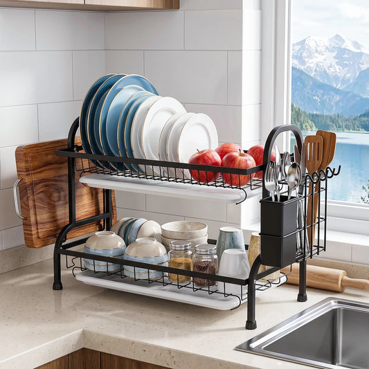 Scolapiatti a 2 livelli per il piano di lavoro della cucina, scolapiatti in metallo con vaschetta raccogli-acqua, rivestimento resistente alla ruggine, scolapiatti salvaspazio per piatti e posate.