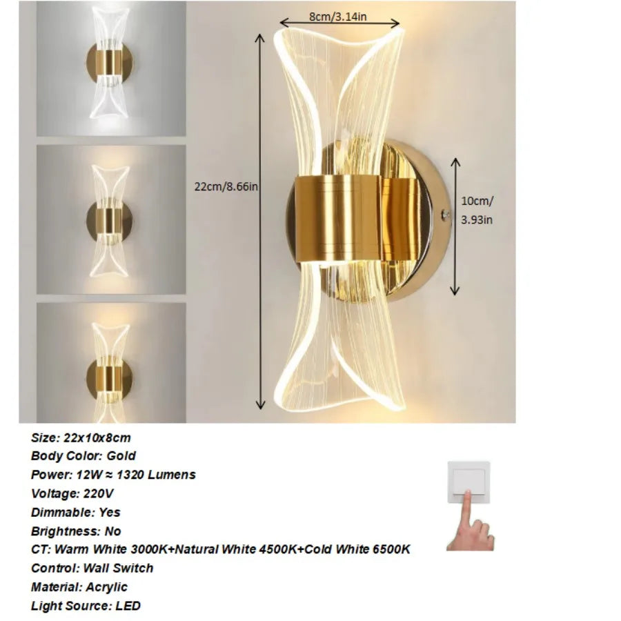 Lampada da parete per interni a LED 12W Lampada da parete moderna dimmerabile a 3 temperature di colore, illuminazione da parete in metallo acrilico per scale dell'ufficio della camera da letto