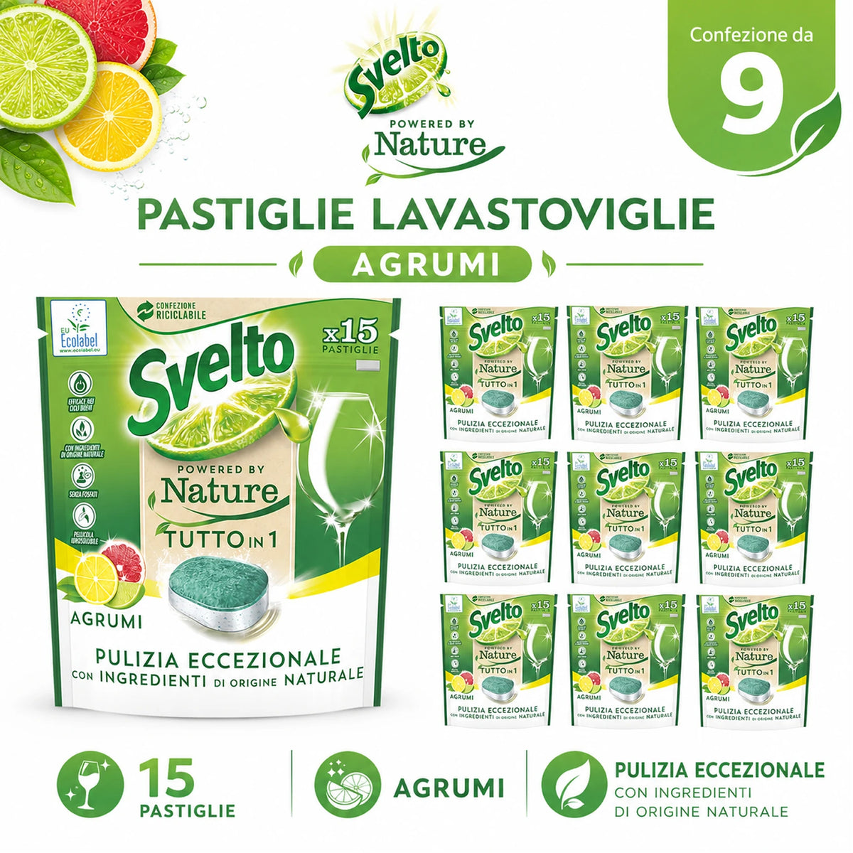 Confezione da 9 Svelto Tabs Tutto in 1 Agrumi, pastiglie lavastoviglie 15 pezzi, formato scorta per cucina, casa e uso quotidiano