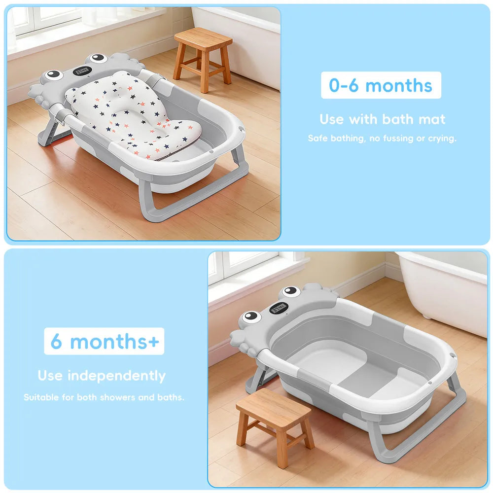 Vasca da Bagno Pieghevole per Neonati con Sensore di Temperatura e Tappetino Antiscivolo, Supporto Portatile per Doccia Neonati 0-36 Mesi, Piscina da Viaggio