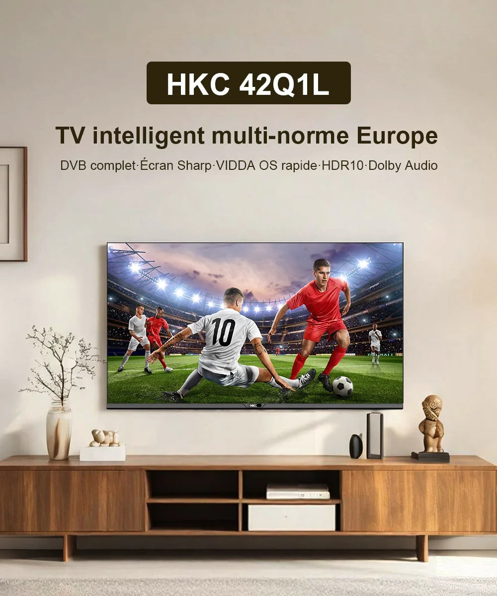 HKC 42Q1L Smart TV FHD da 42 Pollici VIDAA con Pannello Sharp, DVB T2 S2 C Completo, HDR10, Audio Dolby e Porte HDMI, AV, Jack per Cuffie