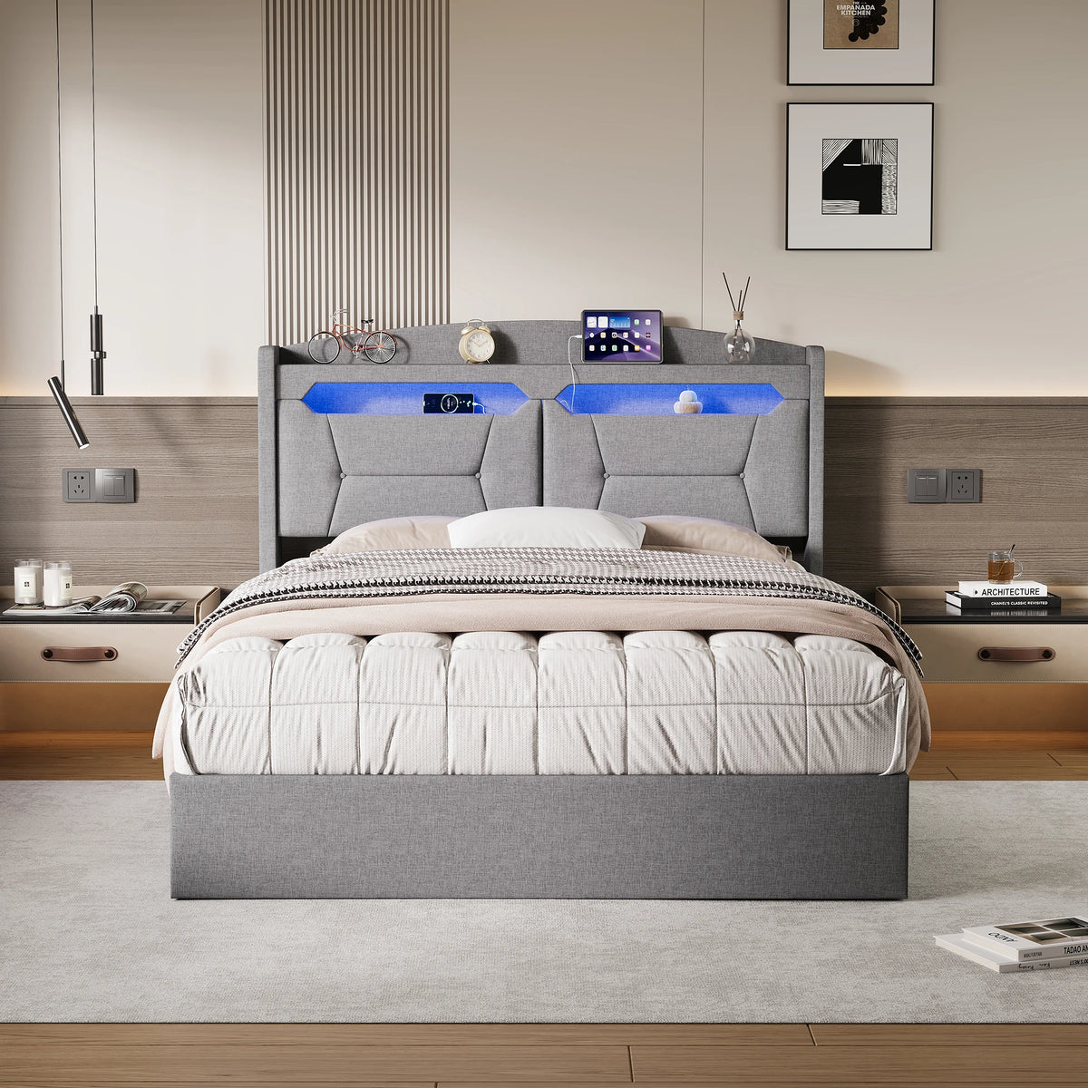 Anajqaqia, letto imbottito, dimensioni 140 x 190 cm, letto matrimoniale, letto con meccanismo idraulico, struttura letto per camere da letto di piccole dimensioni, letto per ragazzi, letto con ampio spazio contenitivo, letto