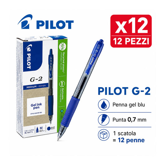 Confezione da 12 penne Pilot G2 blu 0,7 mm, penne a scatto per scuola, ufficio, appunti, documenti e cancelleria