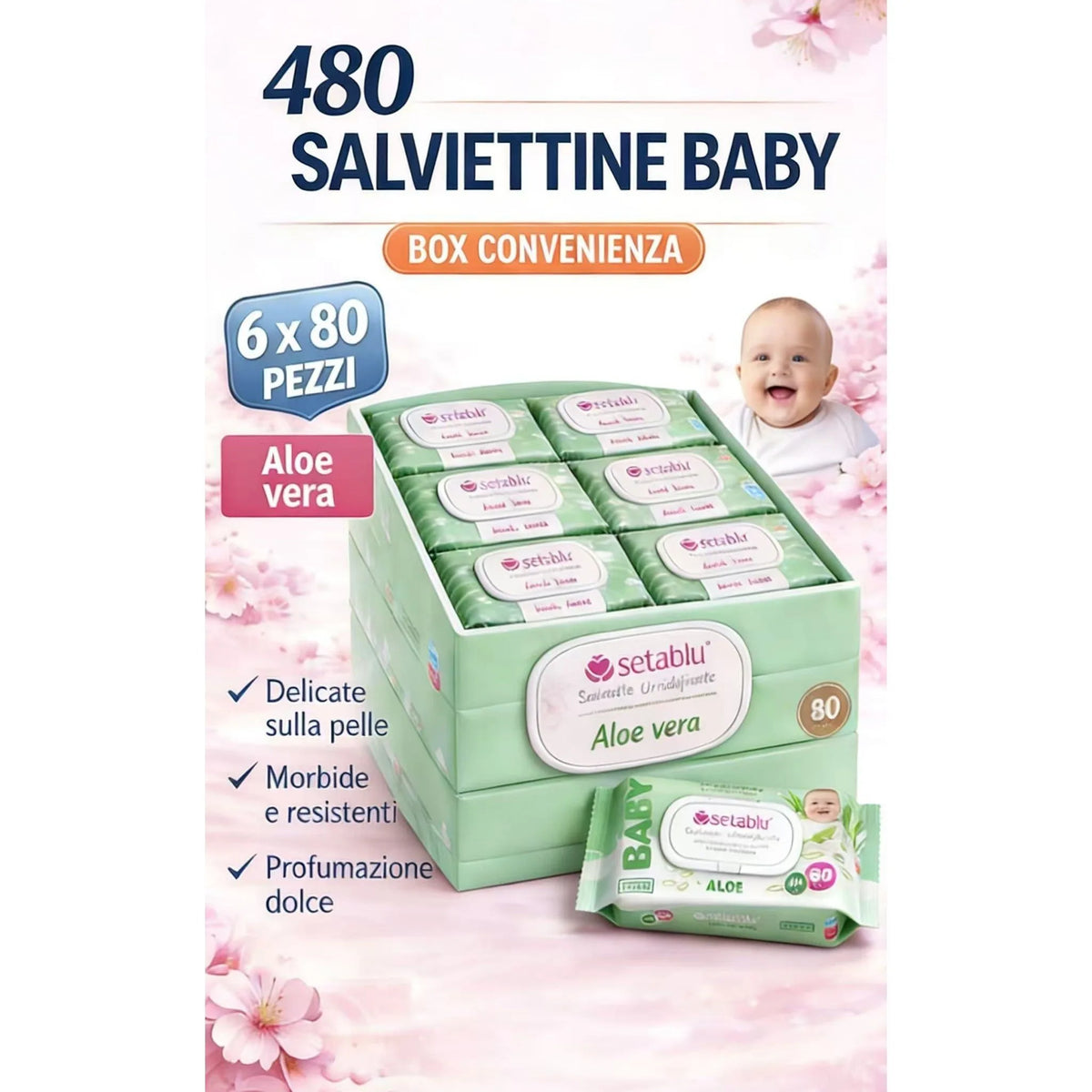 480 Salviette Umide in Fibra Ultra-Morbida per Cura Profonda e Idratazione, Ideali per Pelli Sensibili, Profumo Fresco, Box 6 Confezioni x 80 Pezzi Salviette - Bestline