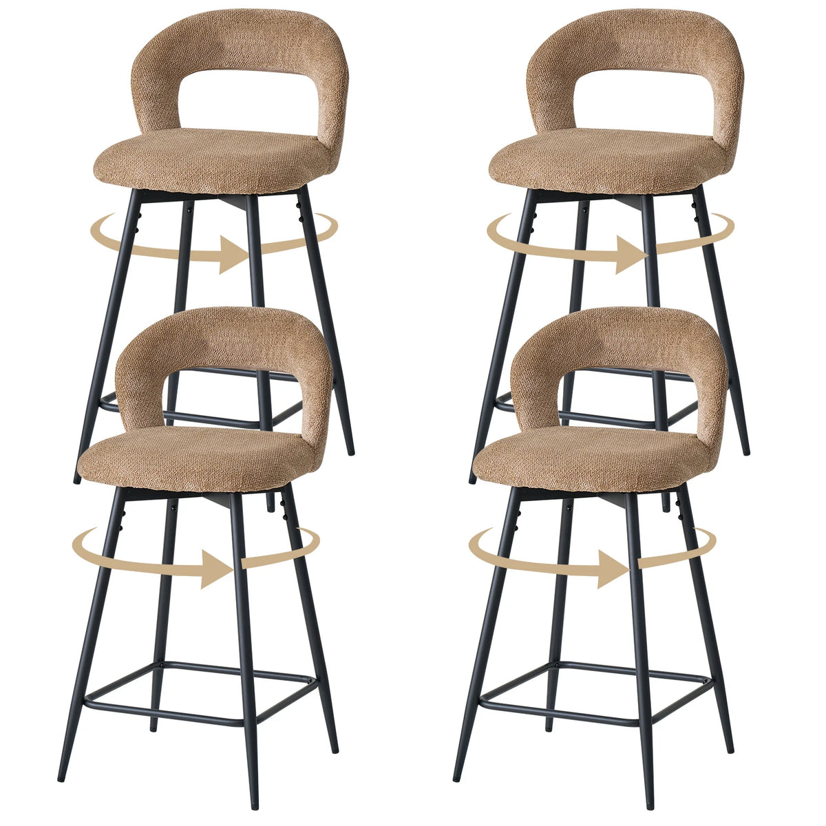 EGOONM Set da 2/4 sgabelli da bar girevoli in lino con schienale aperto e poggiapiedi, sedie da bar moderne imbottite per isola cucina, gambe in metallo nero