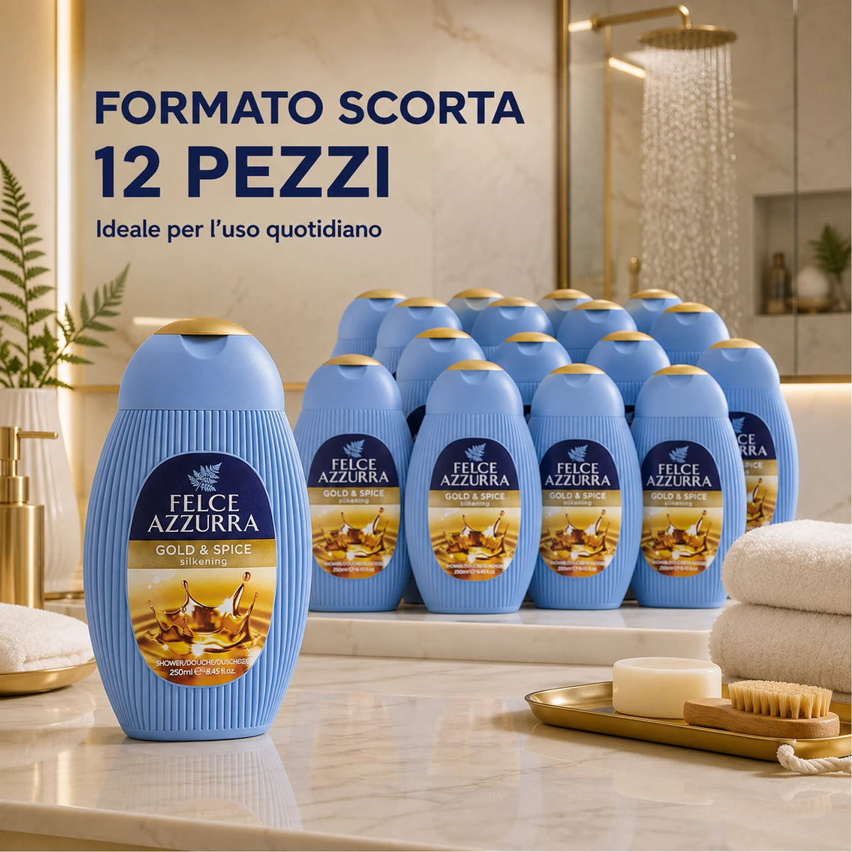 Confezione da 12 Felce Azzurra Doccia Oro e Spezie 250 ml, bagnodoccia profumato per la detersione quotidiana, 3 L totali