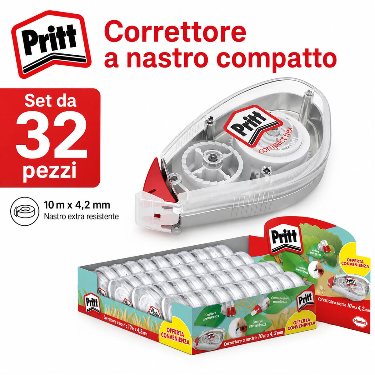 Confezione da 32 Pritt Flex Roller 4,2 mm x 10 m, correttori a nastro riscrivibili per frasi, lettere singole, scuola, ufficio e cancelleria