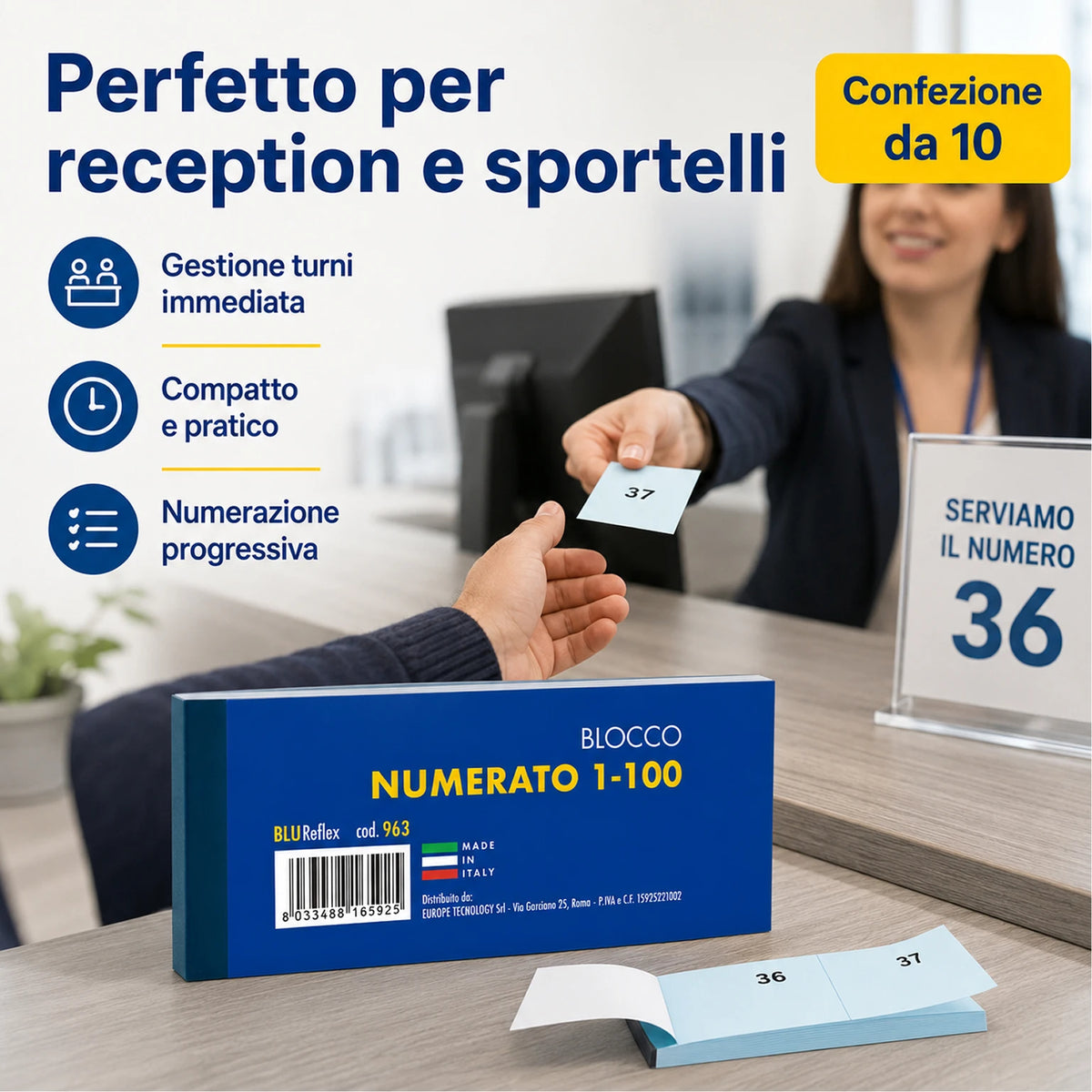 Confezione da 10 blocchi numerati 1/100 BLU963, blocchi da 100 fogli per ricevute, turni, magazzino, ufficio e attività commerciali