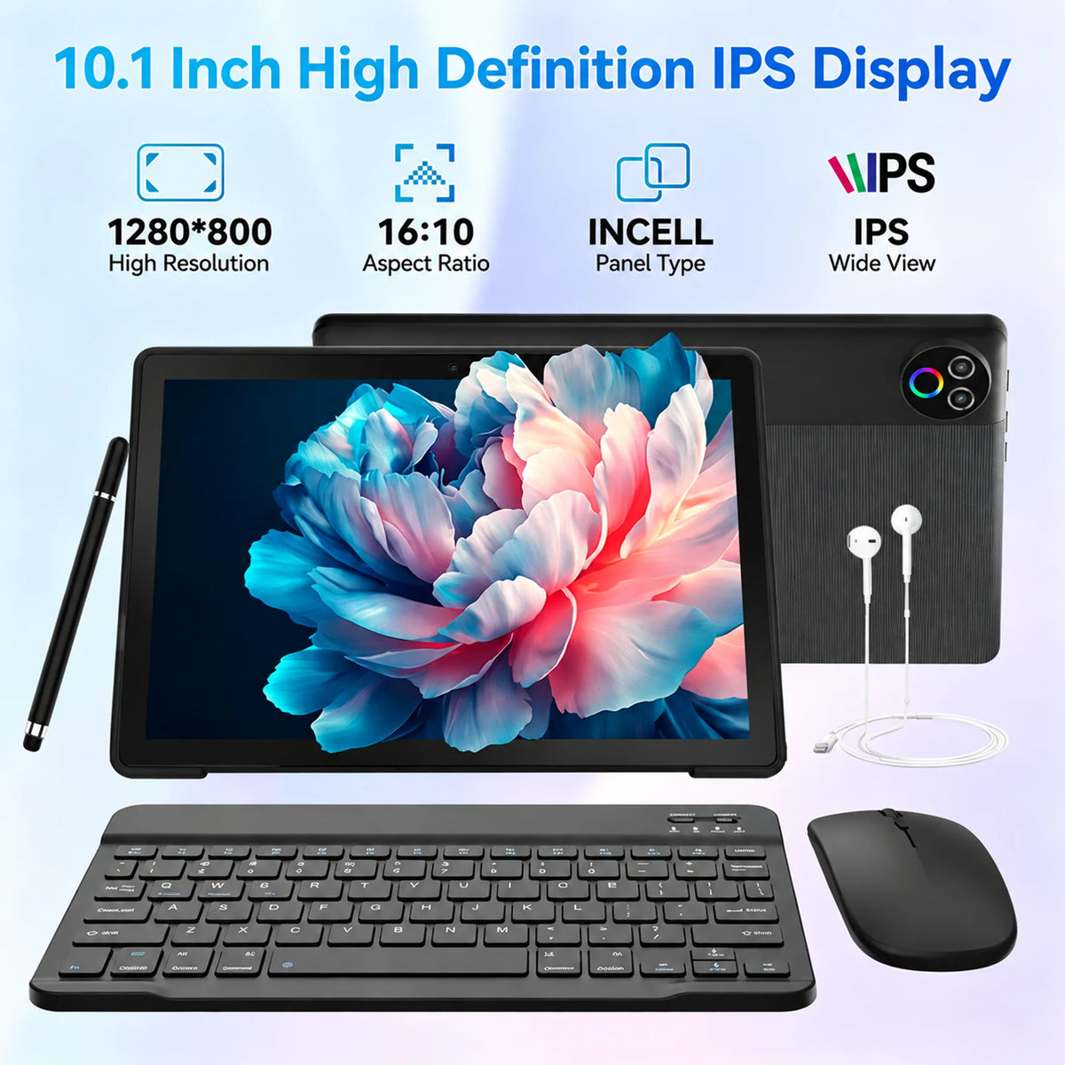 Evermyth KB1001L Tablet Android 16 OS certificato GMS da 10,1'' 1,8GHz 24GB (3GB+21GB) RAM espandibile 64GB ROM A333 CPU 5-Core 1TB espandibile Schermo HD IPS Touch WiFi6 Set tastiera, custodia, mouse, stilo e cuffie