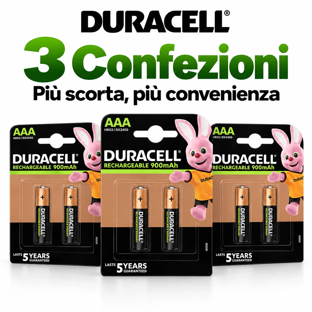 Confezione da 3 blister Duracell AAA Ricaricabili 900 mAh BL2, 2 batterie per blister, 6 pile ministilo ricaricabili totali