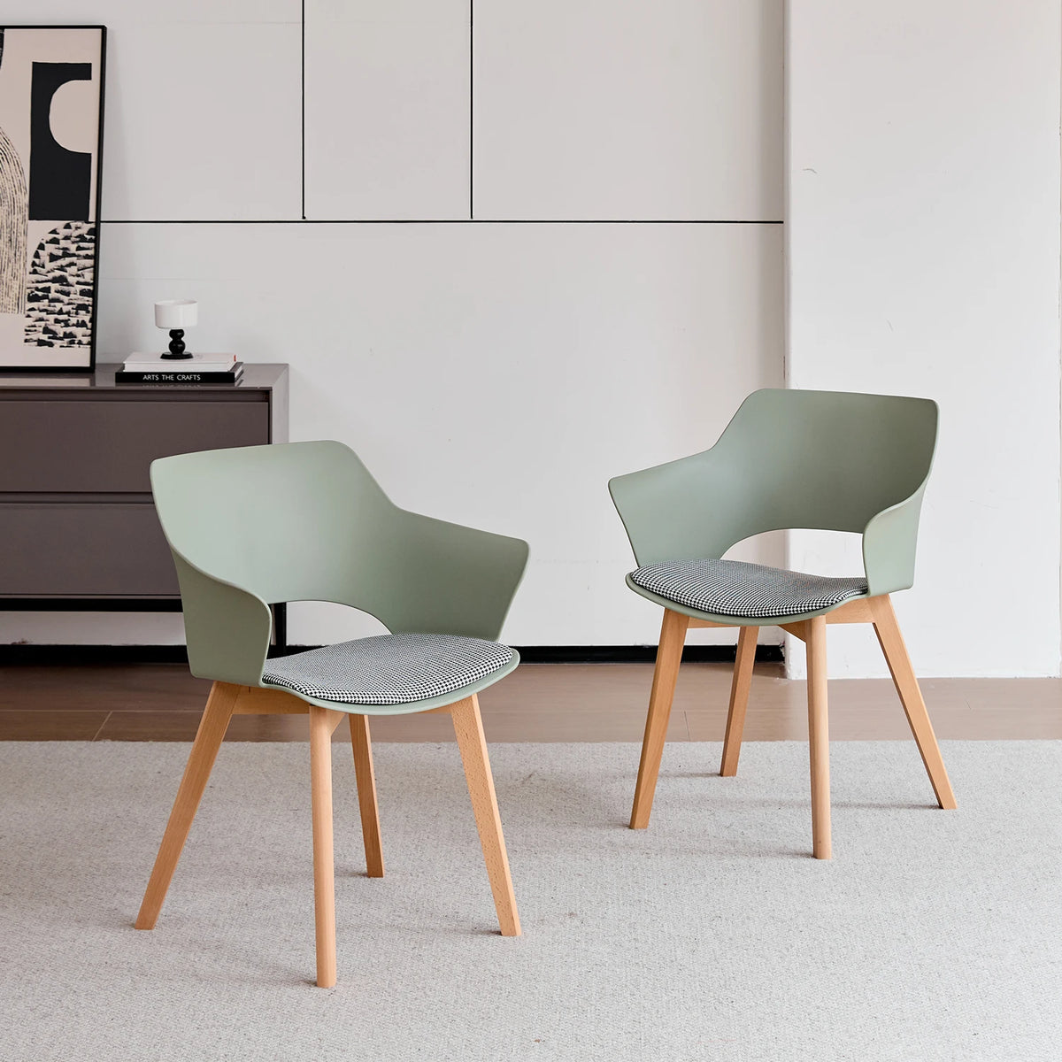 Sedie da pranzo moderne da 2 pezzi con braccioli - Guscio in PP + Gambe in legno + Cuscino in tessuto pied de poule per cucina, soggiorno, caffè