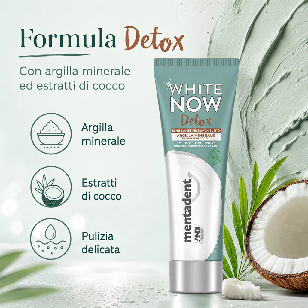 Confezione da 12 Mentadent White Now Detox Cocco 75 ml, dentifricio al gusto cocco per igiene orale quotidiana, 900 ml totali