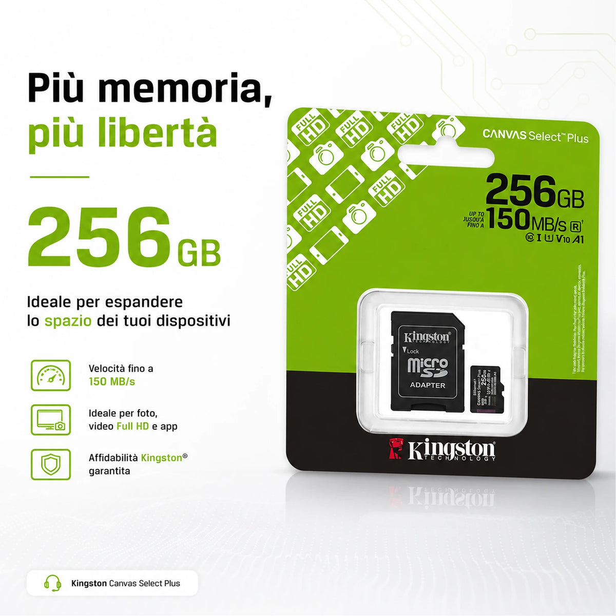 Confezione da 1 scheda di memoria Kingston Canvas Select Plus microSD 256 GB, microSDXC Gen3 UHS-I Class 10 A1 V10, 150 MB/s lettura, adattatore SD incluso