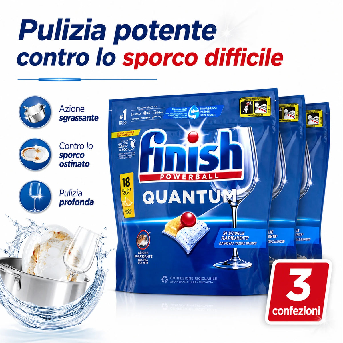Confezione da 3 Finish Quantum Limone, 18 tabs per confezione, 54 pastiglie totali per lavastoviglie