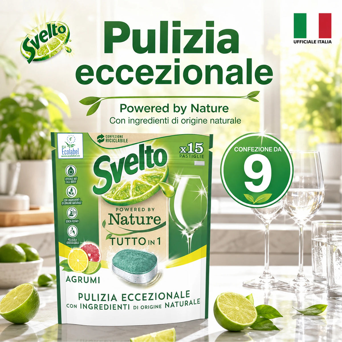 Confezione da 9 Svelto Tabs Tutto in 1 Agrumi, pastiglie lavastoviglie 15 pezzi, formato scorta per cucina, casa e uso quotidiano
