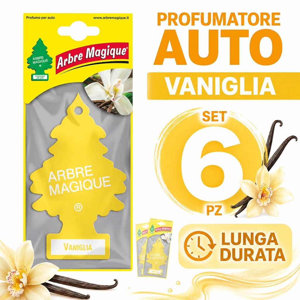 Confezione da 6, 12 o 24 Arbre Magique Vaniglia, profumatori auto da appendere, fragranza dolce e tropicale, formato scorta per auto, furgone, armadio e piccoli ambienti