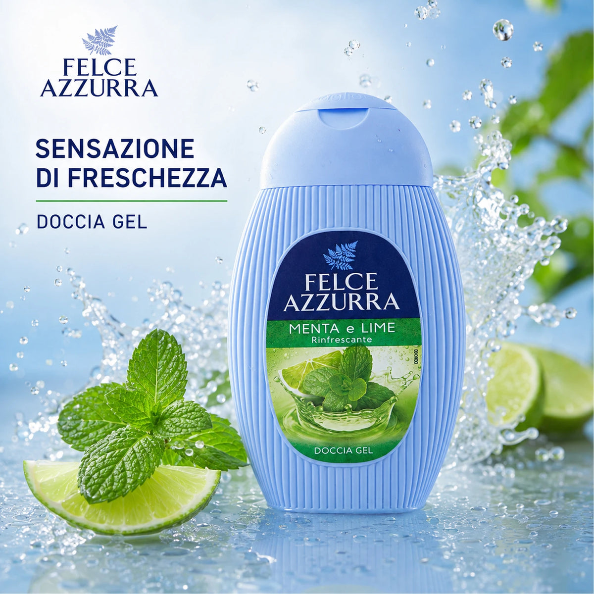Confezione da 12 Felce Azzurra Doccia Menta e Lime 250 ml, bagnodoccia profumato per la detersione quotidiana, 3 L totali