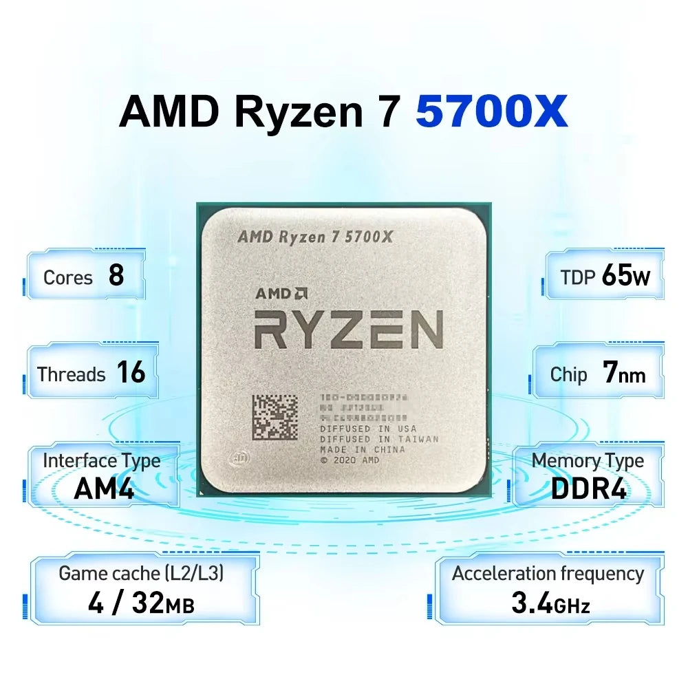 Processore Desktop AMD Ryzen 7 5700X, 8C/16T, 4.6GHz, 32MB Cache, AM4, Senza Dissipatore Incluso