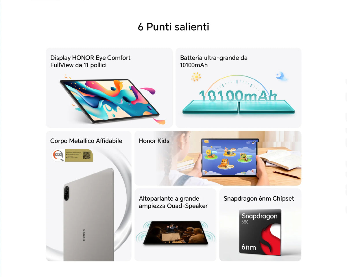 HONOR Pad X8b, tablet versione UE, batteria da 10.100 mAh, display HONOR Eye Comfort FullView da 11 pollici, chipset Snapdragon a 6 nm, struttura in metallo resistente, tablet Android