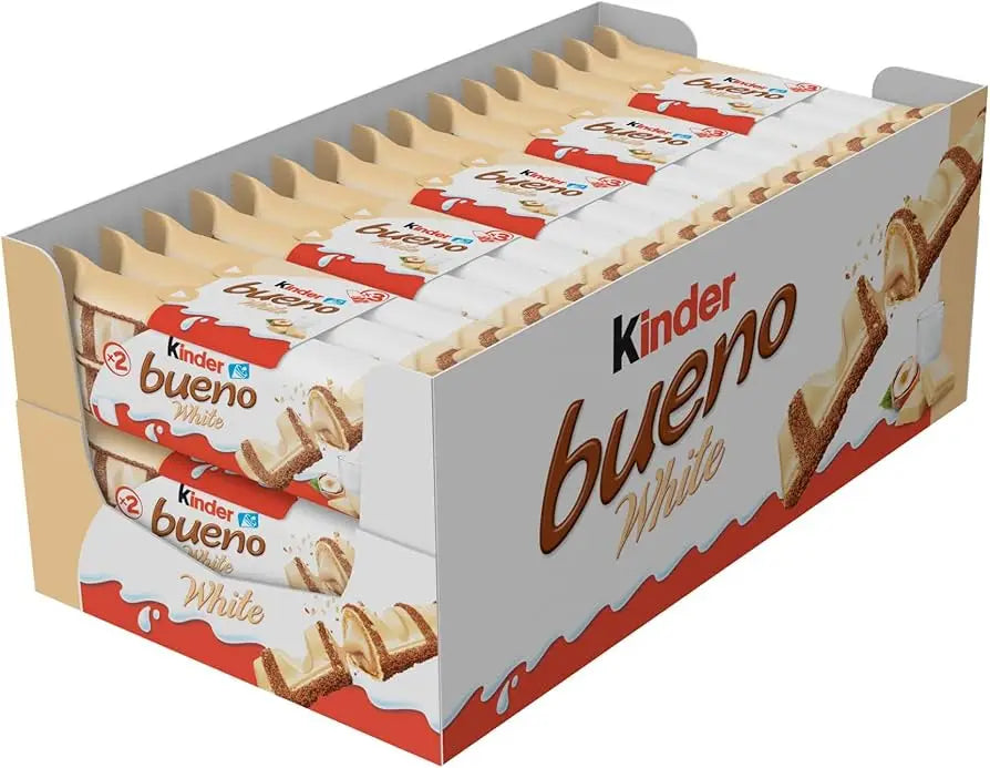 Kinder Bueno White - Snack al Cioccolato Bianco e Nocciole - un Wafer Ripieno di Crema alle Nocciole Ricoperto da Cioccolato Bianco e Granella Meringata al Cacao - Pacco 30 Confezioni