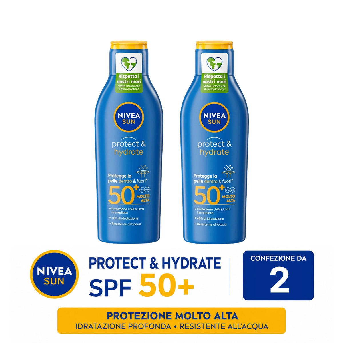 Confezione da 2 o 3 flaconi NIVEA SUN Protect & Hydrate Latte Solare SPF 50 200 ml, protezione corpo alta per mare, viaggio, vacanze e attività all’aperto