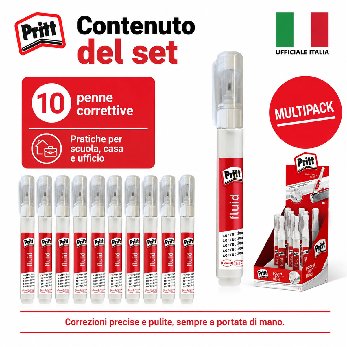 Confezione da 10 Pritt Pocket Pen Fluid, correttore liquido a penna con micropunta metallica per piccole correzioni precise, scuola, ufficio e cancelleria