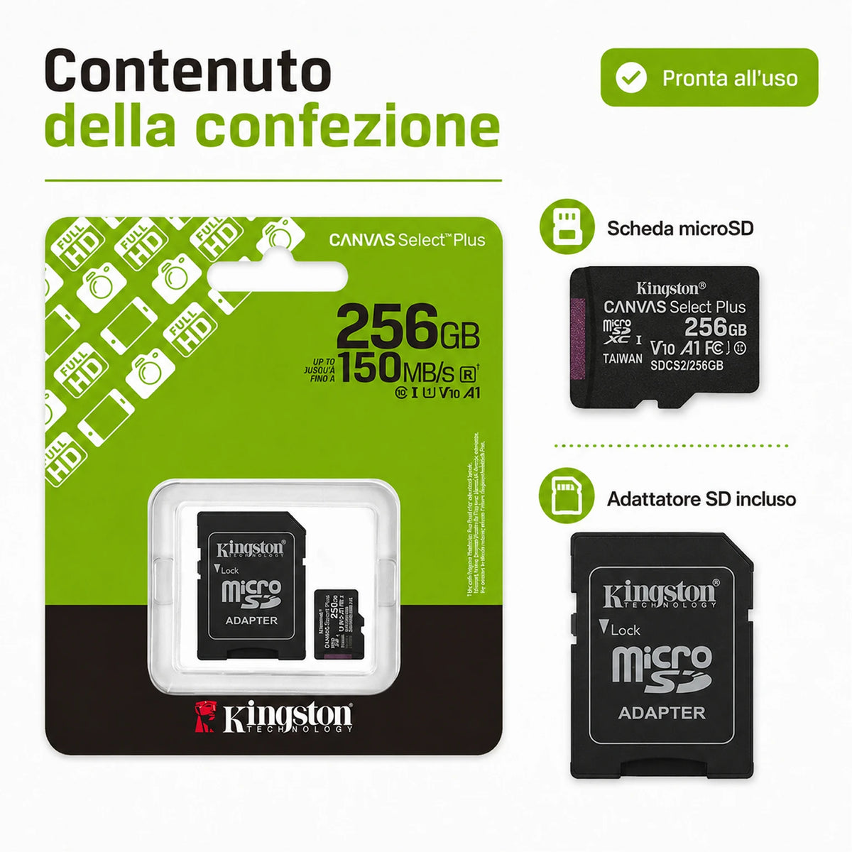 Confezione da 1 scheda di memoria Kingston Canvas Select Plus microSD 256 GB, microSDXC Gen3 UHS-I Class 10 A1 V10, 150 MB/s lettura, adattatore SD incluso