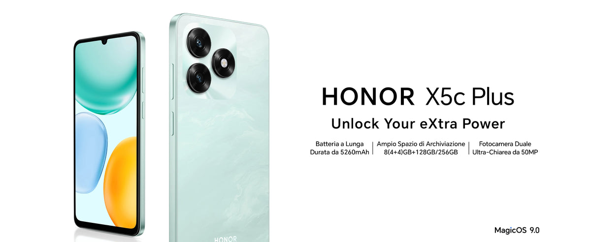 Smartphone HONOR X5c Plus, 5260 mAh, display da 6,74 pollici a 90 Hz, fotocamera da 50+5 MP, Android 15, processore octa-core, riconoscimento delle impronte digitali e del volto