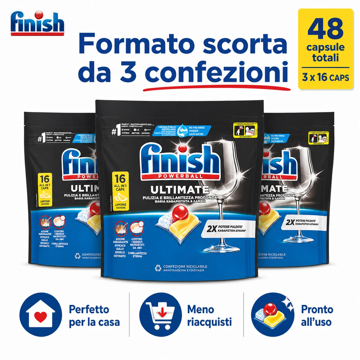 Finish Ultimate Limone 16 Tabs per Confezione, Pastiglie per Lavastoviglie, Varianti da 3 o 4 Confezioni, 48 o 64 Tabs Totali