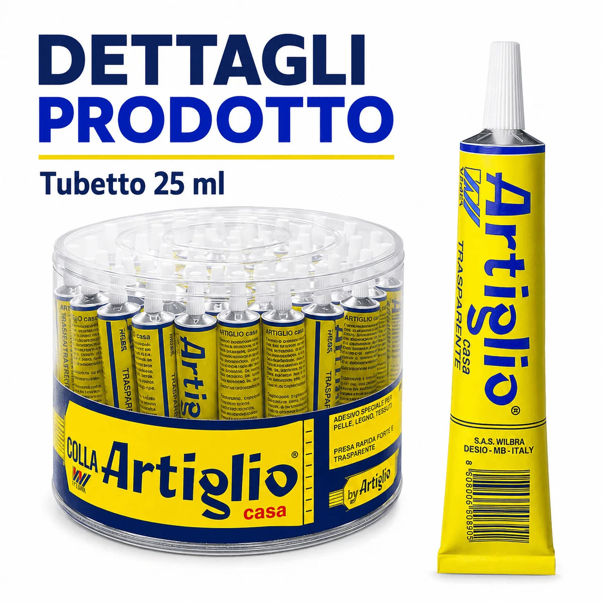 Confezione da 48 tubetti Colla Artiglio Bianca Wilbra 25 ml, adesivo in tubetto per lavori manuali, scuola, ufficio, bricolage e uso quotidiano