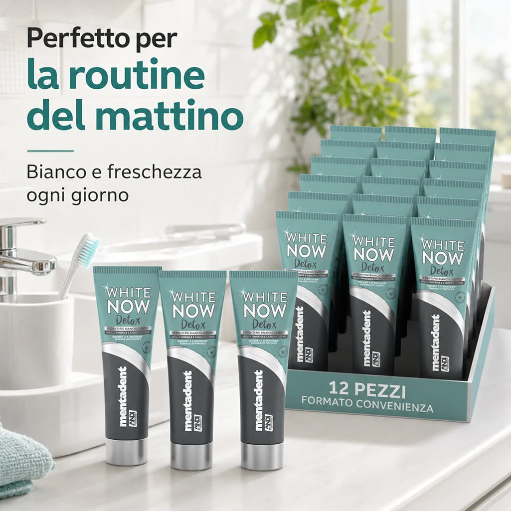 Confezione da 12 Mentadent White Now Detox Carbone 75 ml, dentifricio per igiene orale quotidiana, 900 ml totali