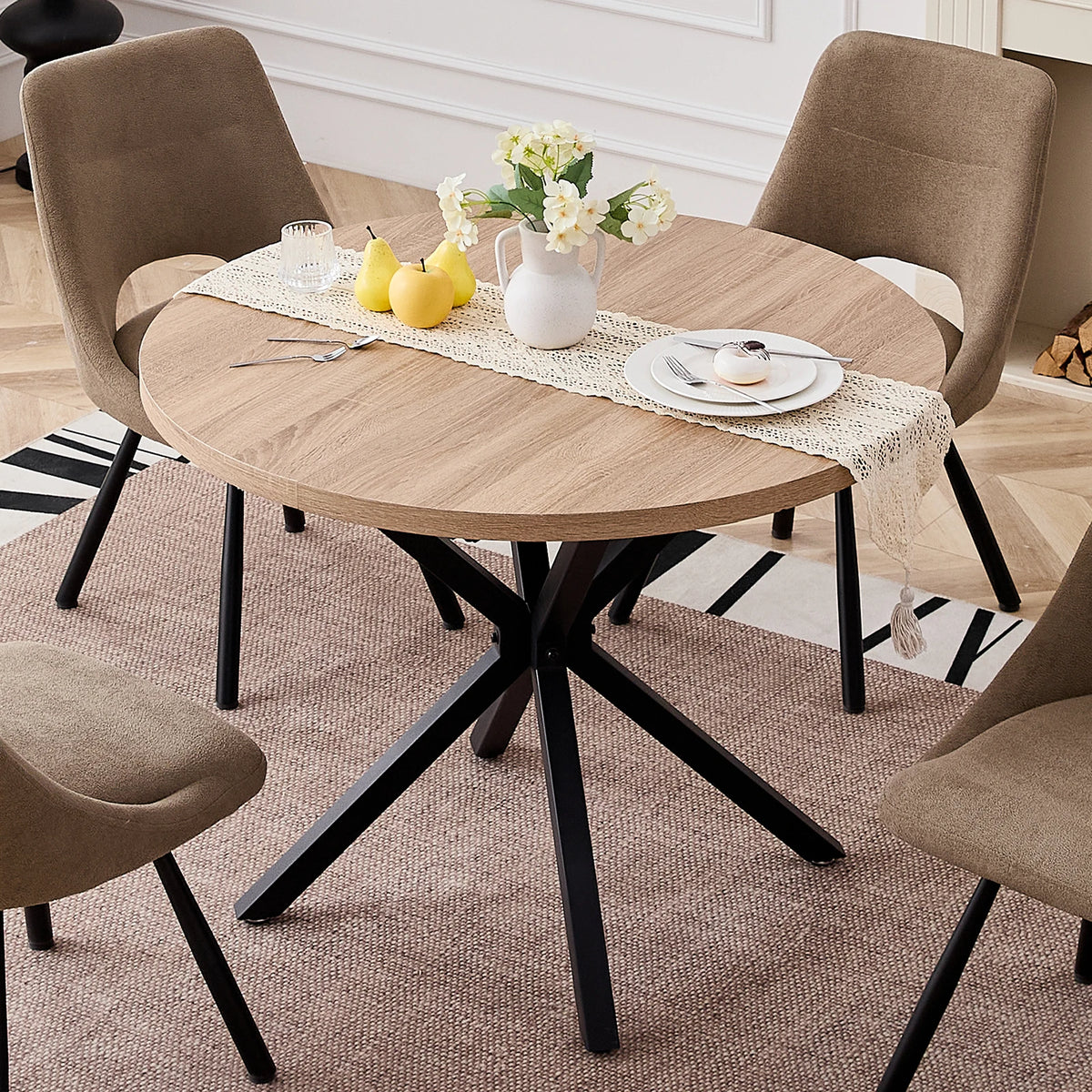 Tavolo da pranzo rotondo in stile nordico EGOONM, 100 cm, piano in MDF, gambe in metallo nero, ideale per sala da pranzo, cucina e arredamento della casa.