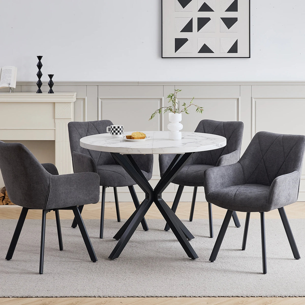 EGOONM 2/4PCS Sedie da pranzo moderne girevoli con braccioli, sedie imbottite in tessuto, 360 ° Sedie Girevoli con Gambe in Metallo