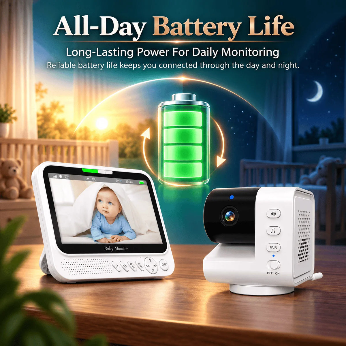 Monitor per bambini intelligente da 7 pollici con telecamera PTZ avanzata, zoom, sensore di temperatura, funzione di ninna nanna rilassante, visione notturna e audio bidirezionale. Offre una sorveglianza affidabile per la sic