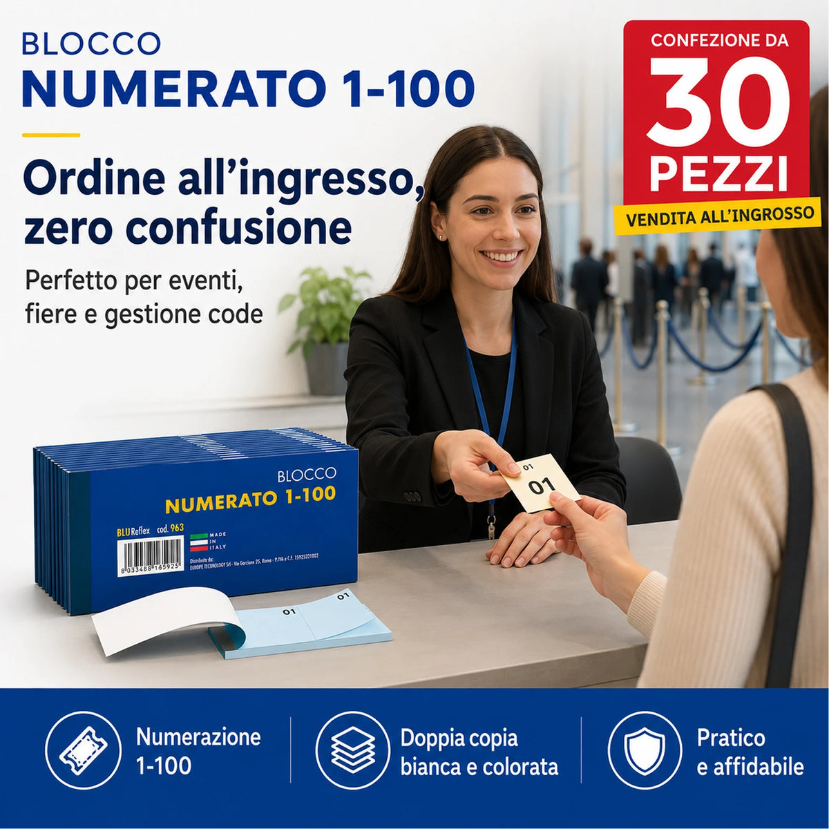Confezione da 30 blocchi scontrino numerati 1-100, blocchi per ricevute, turni, magazzino, ufficio, negozi e attività commerciali