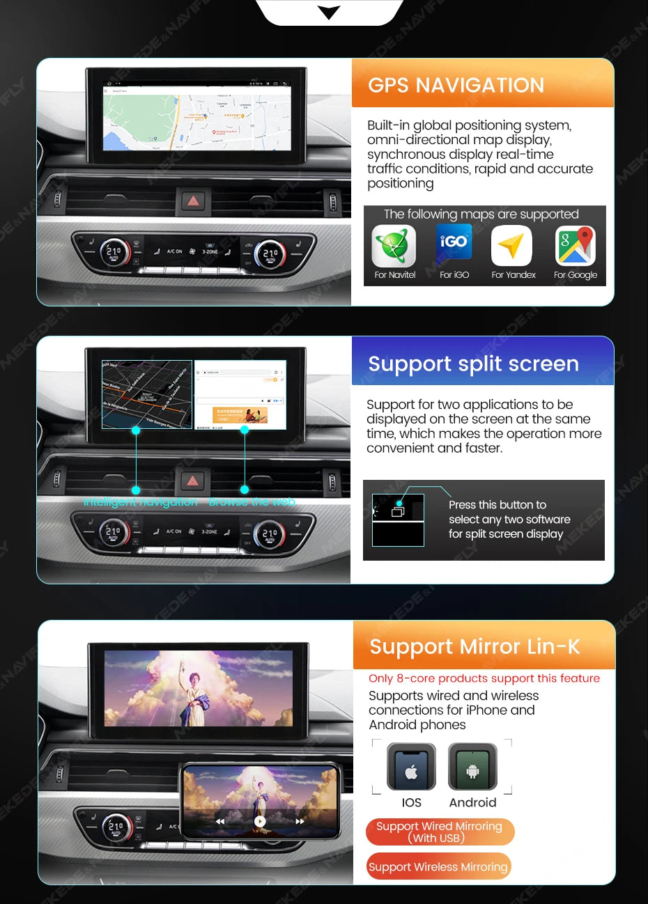 MEKEDE 8.8 "CarPlay Auto Android 14 Autoradio Radio Per Audi Q5 2010-2017 8 Core BT di Navigazione GPS DSP WIFI Lettori Multimediale
