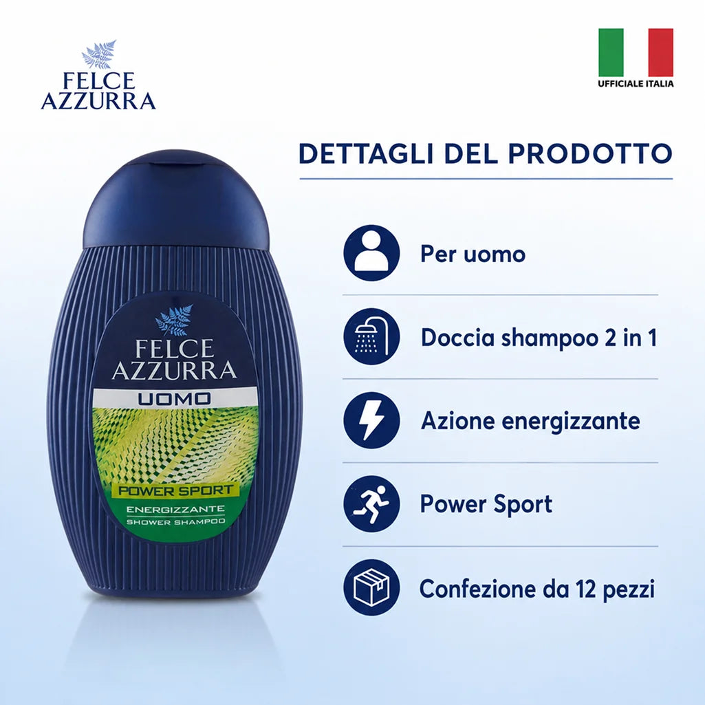 Confezione da 12 Felce Azzurra Doccia Shampoo Sport 250 ml, detergente 2 in 1 per corpo e capelli, 3 L totali