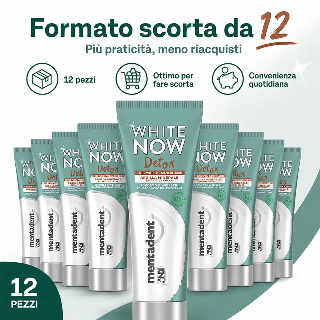 Confezione da 12 Mentadent White Now Detox Cocco 75 ml, dentifricio al gusto cocco per igiene orale quotidiana, 900 ml totali